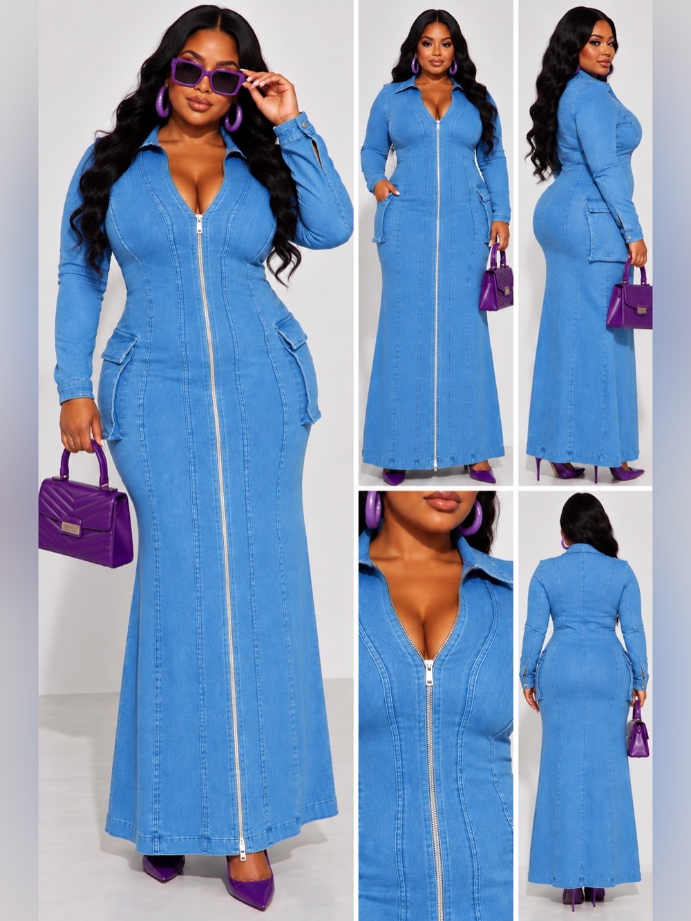 Zip-Front Long Sleeve Denim Maxi Dress - Blue